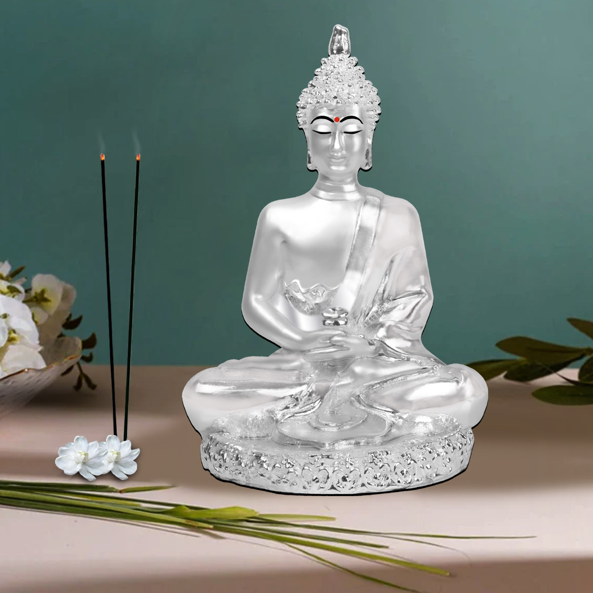 Diviniti 999 Silver Plated Buddha Idol for Home Decor Showpiece (8 X 6 CM)