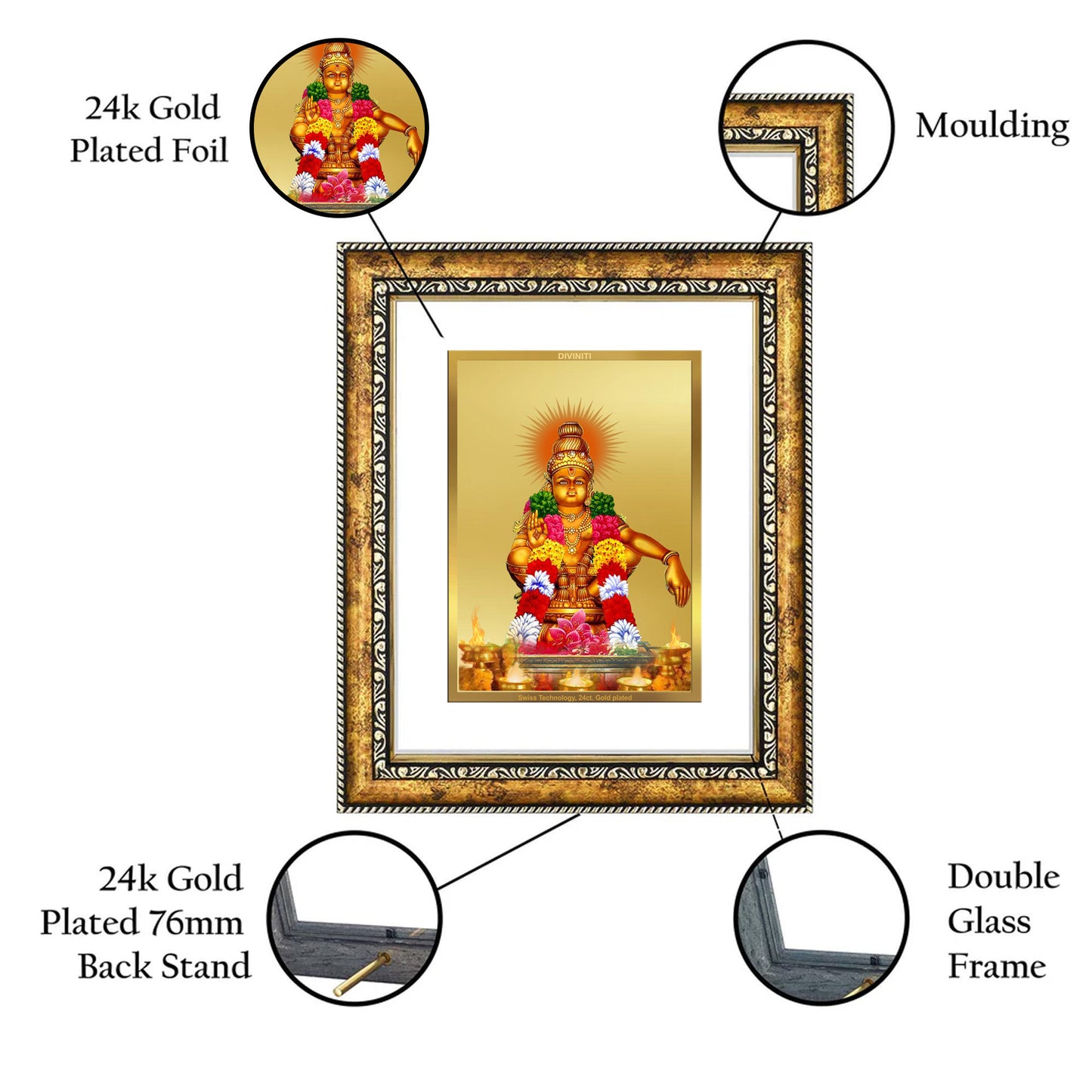 DIVINITI 24K Gold Plated Ayyapan-1 Wall Photo Frame for Home Decor, Wall Hanging, Table Top, Puja Room & Gift DG113S3 (27.6X35.4 CM)