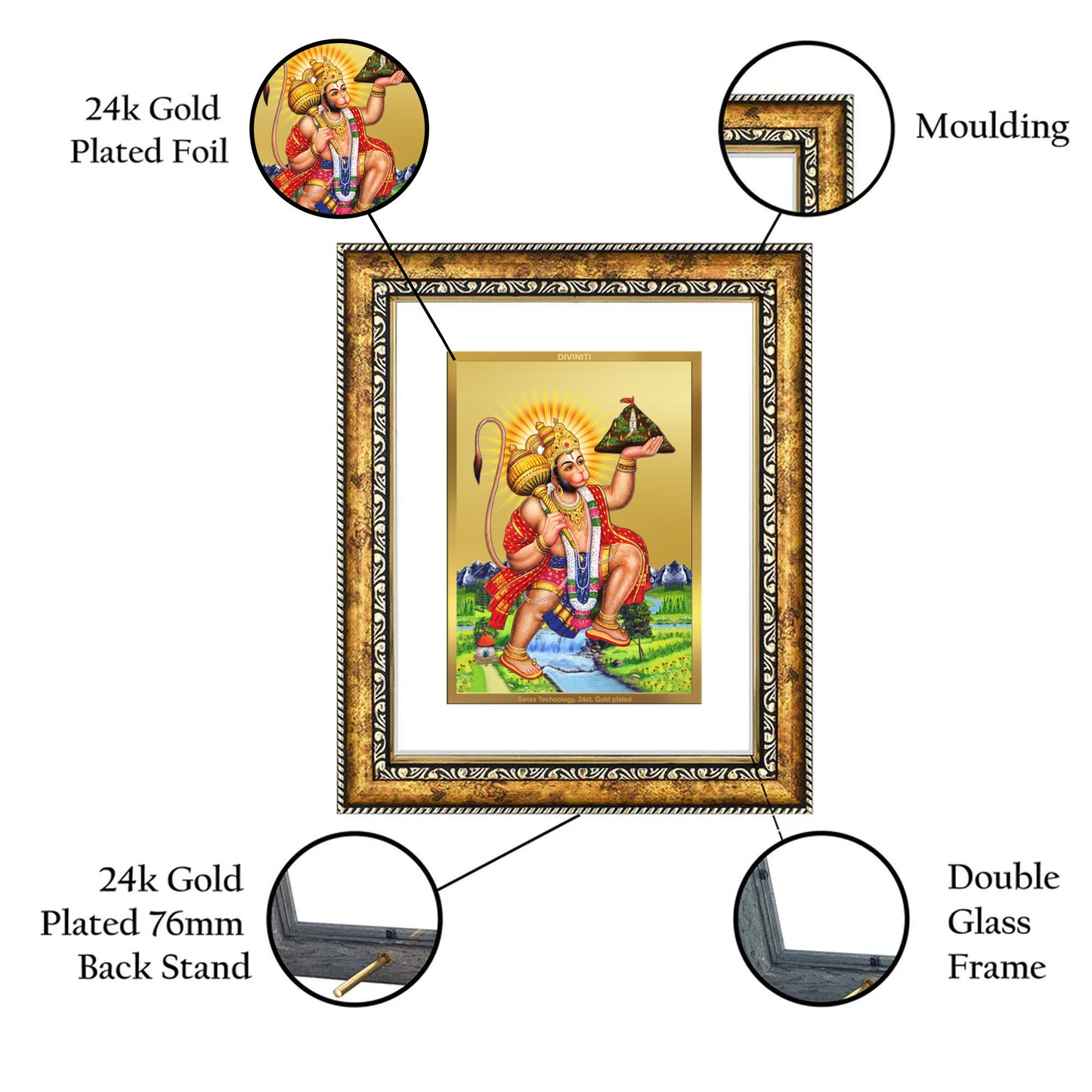 DIVINITI 24K Gold Plated Hanuman with Parvat Wall Photo Frame for Home Decor, Wall Hanging, Table Top, Puja Room & Gift DG113S3 (27.6X35.4 CM)