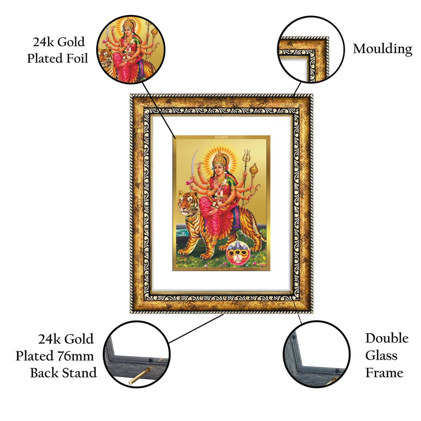 DIVINITI 24K Gold Plated Durga Wall Photo Frame for Home Decor, Wall Hanging, Table Top, Puja Room & Gift DG113S3 (27.6X35.4 CM)