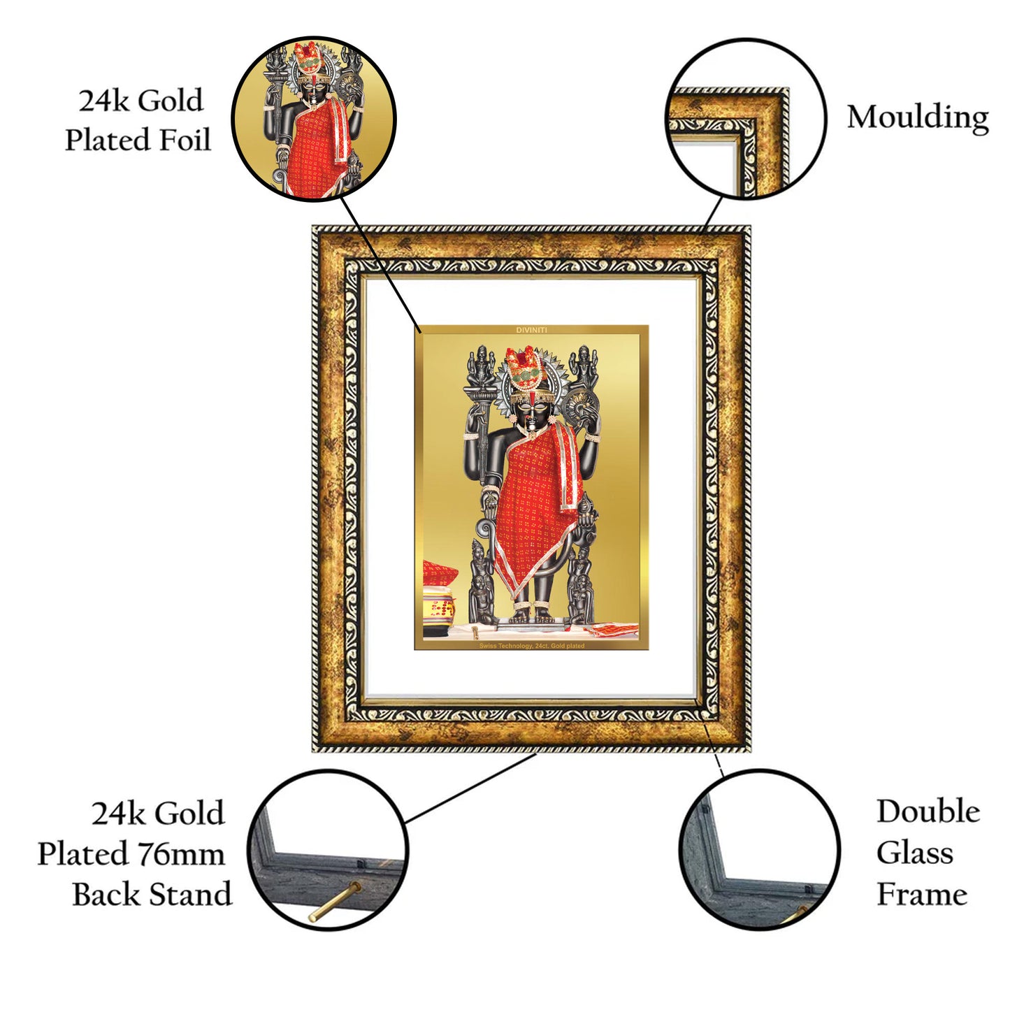 DIVINITI 24K Gold Plated Dwarkadhish Wall Photo Frame for Home Decor, Wall Hanging, Table Top, Puja Room & Gift DG113S3 (27.6X35.4 CM)