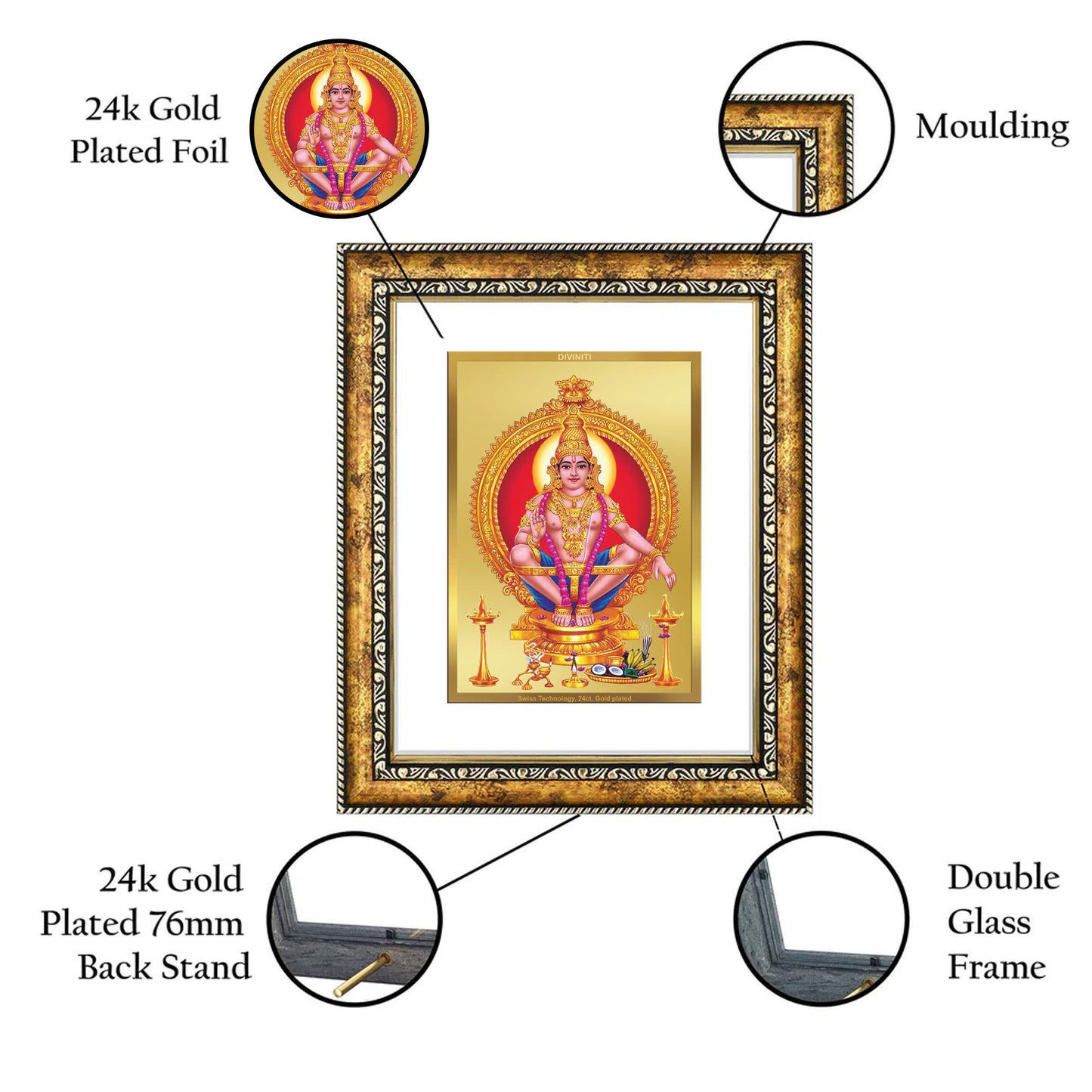 DIVINITI 24K Gold Plated Ayyapan-2 Wall Photo Frame for Home Decor, Wall Hanging, Table Top, Puja Room & Gift DG113S3 (27.6X35.4 CM)