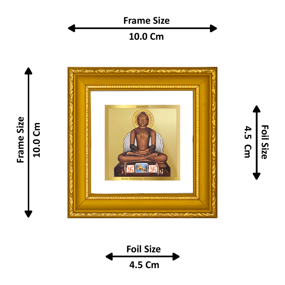 DIVINITI 24K Gold Plated Foil Mahavira Wooden Stylish Wall Photo Frame Idol for Workshop, Puja Room, Table Top, Home Decor, Gifts | DG101S1A (10x10 CM)