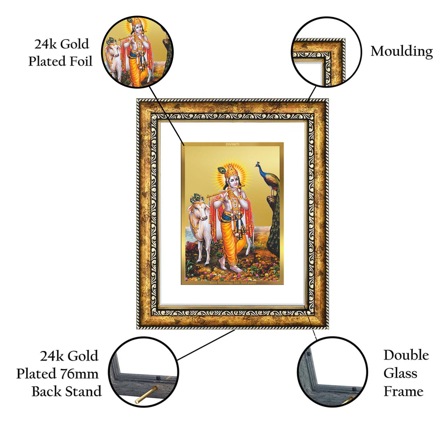 DIVINITI 24K Gold Plated Lord Krishna Wall Photo Frame for Home Decor, Wall Hanging, Table Top, Puja Room & Gift DG113S3 (27.6X35.4 CM)