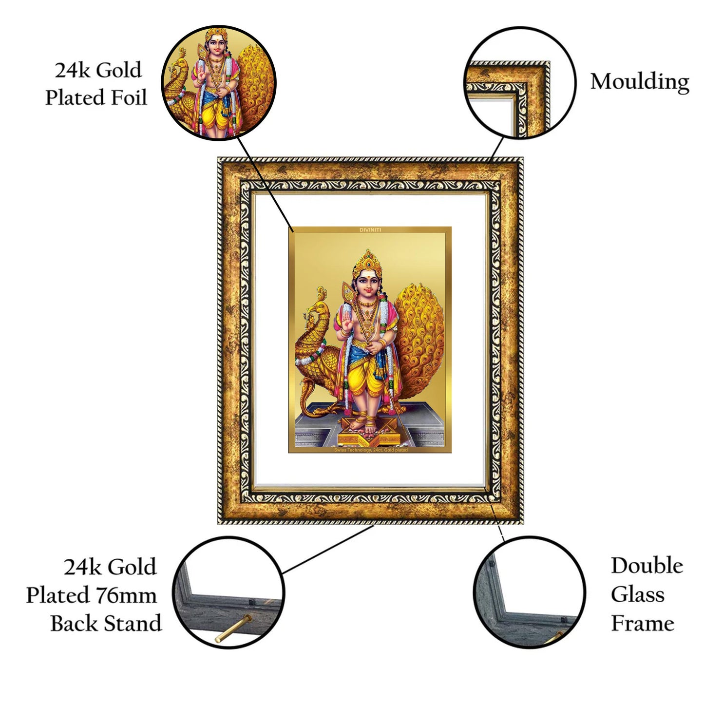 DIVINITI 24K Gold Plated Karthikey Wall Photo Frame for Home Decor, Wall Hanging, Table Top, Puja Room & Gift DG113S3 (27.6X35.4 CM)