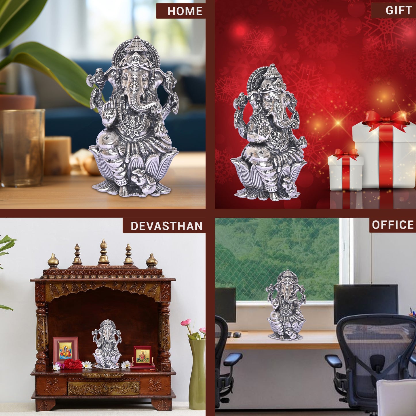 Diviniti 925 Pure Silver Ganesha Idol Statue Exquisite Craftsmanship for Blessings and Abundance for Home Office Décor, Tabletop, Puja Room Gift (6x6.2 CM, 62g)