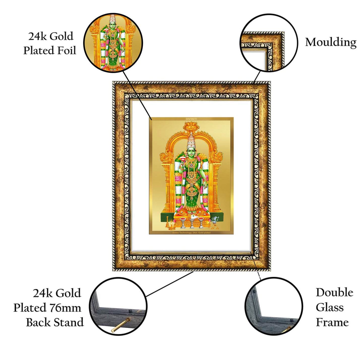 DIVINITI 24K Gold Plated Meenakshi Wall Photo Frame for Home Decor, Wall Hanging, Table Top, Puja Room & Gift DG113S3 (27.6X35.4 CM)