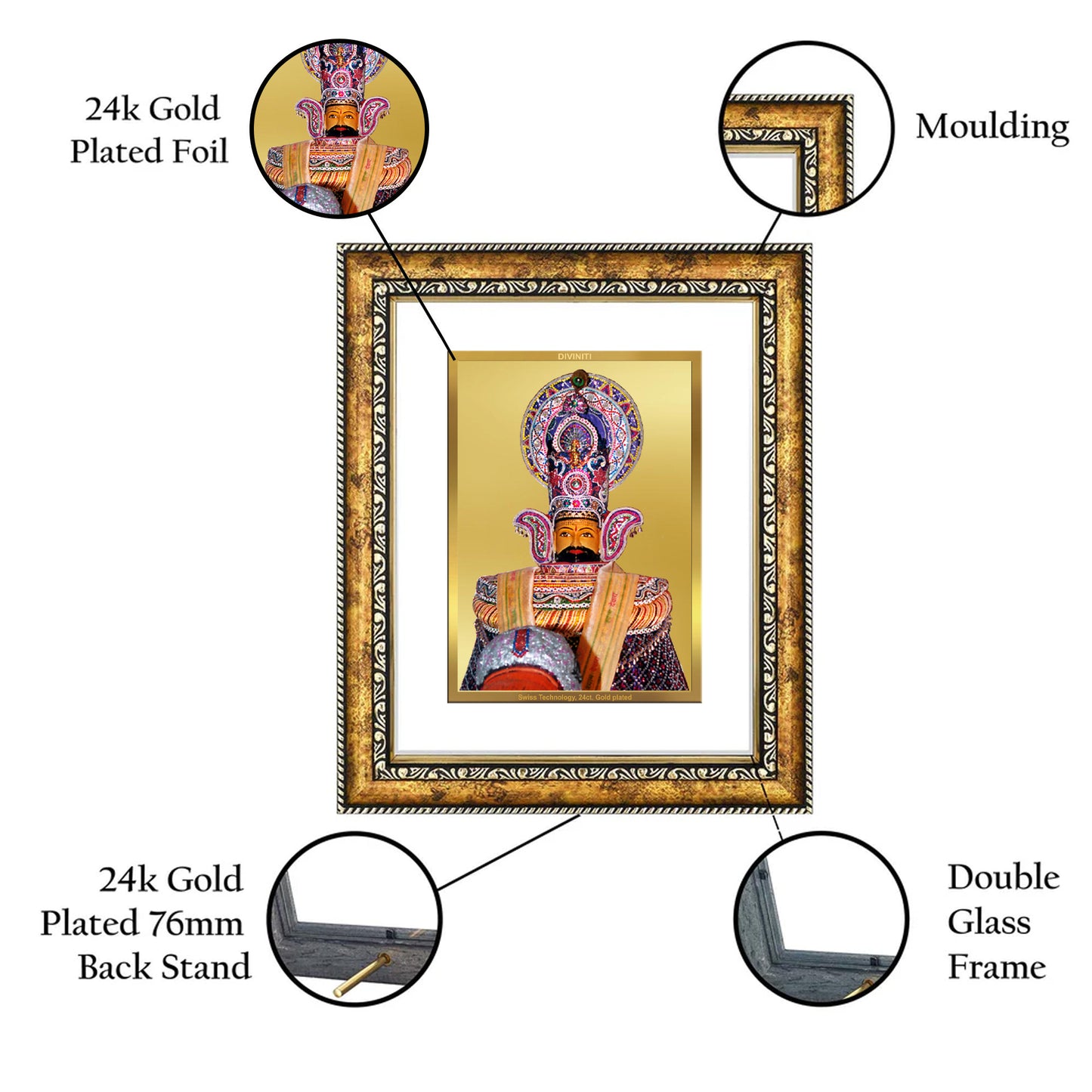 DIVINITI 24K Gold Plated Khatu Shyam Wall Photo Frame for Home Decor, Wall Hanging, Table Top, Puja Room & Gift DG113S3 (27.6X35.4 CM)