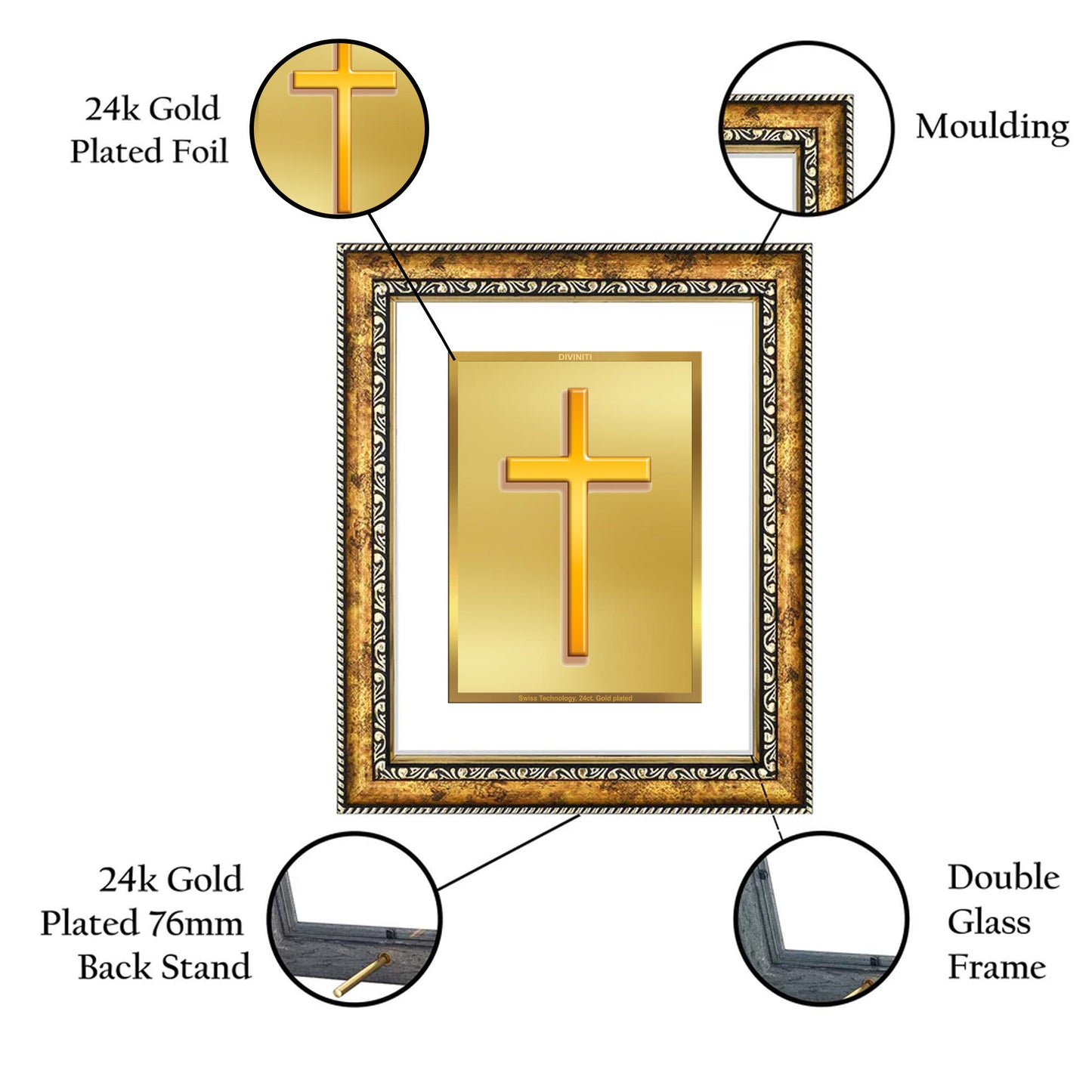 DIVINITI 24K Gold Plated Holy Cross Wall Photo Frame for Home Decor, Wall Hanging, Table Top, Puja Room & Gift DG113S3 (27.6X35.4 CM)