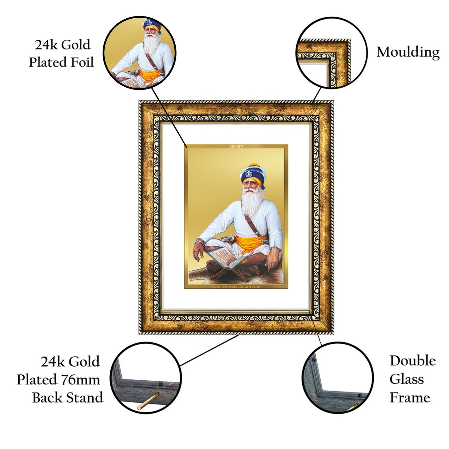 DIVINITI 24K Gold Plated Baba Deep Singh Wall Photo Frame for Home Decor, Wall Hanging, Table Top, Puja Room & Gift DG113S3 (27.6X35.4 CM)