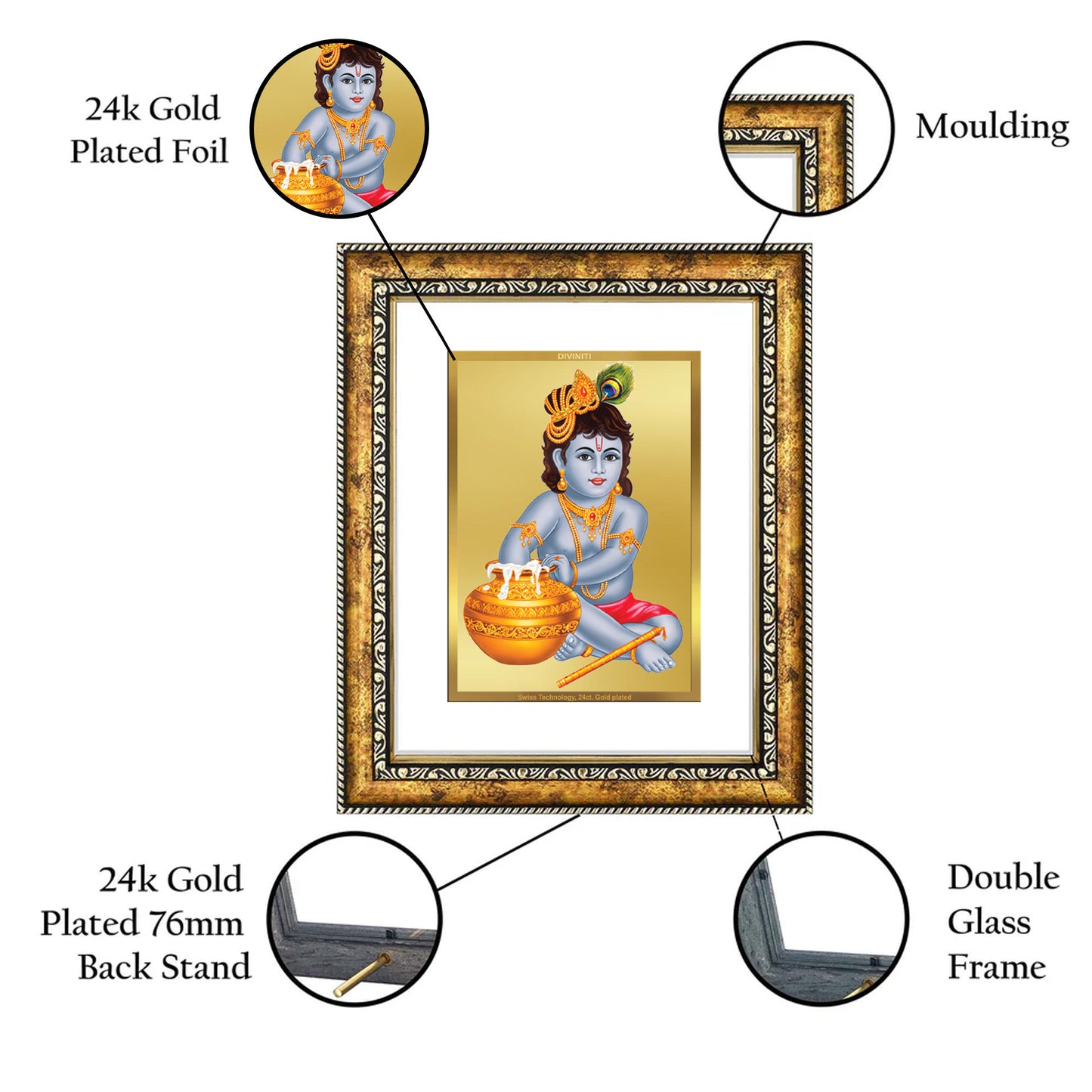 DIVINITI 24K Gold Plated Bal Gopal Wall Photo Frame for Home Decor, Wall Hanging, Table Top, Puja Room & Gift DG113S3 (27.6X35.4 CM)