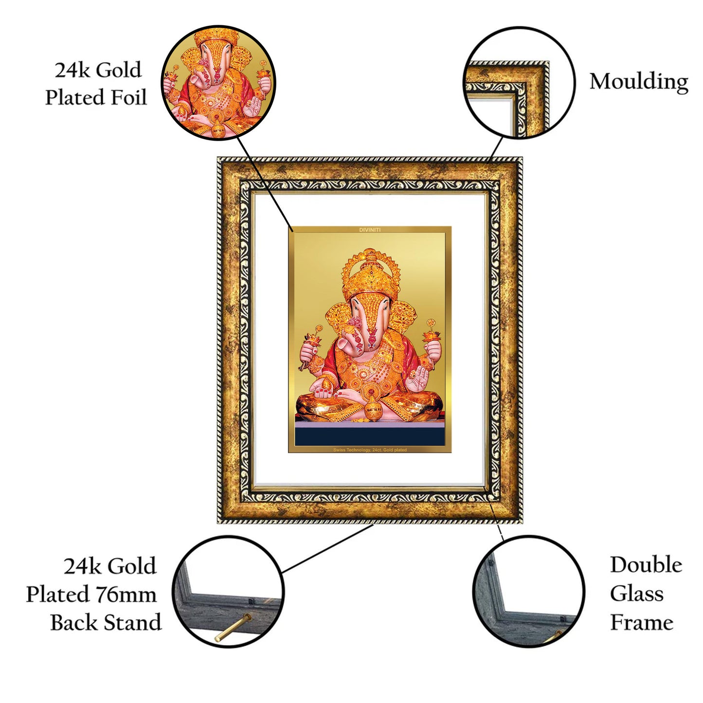 DIVINITI 24K Gold Plated Dagadu Ganesha Wall Photo Frame for Home Decor, Wall Hanging, Table Top, Puja Room & Gift DG113S3 (27.6X35.4 CM)