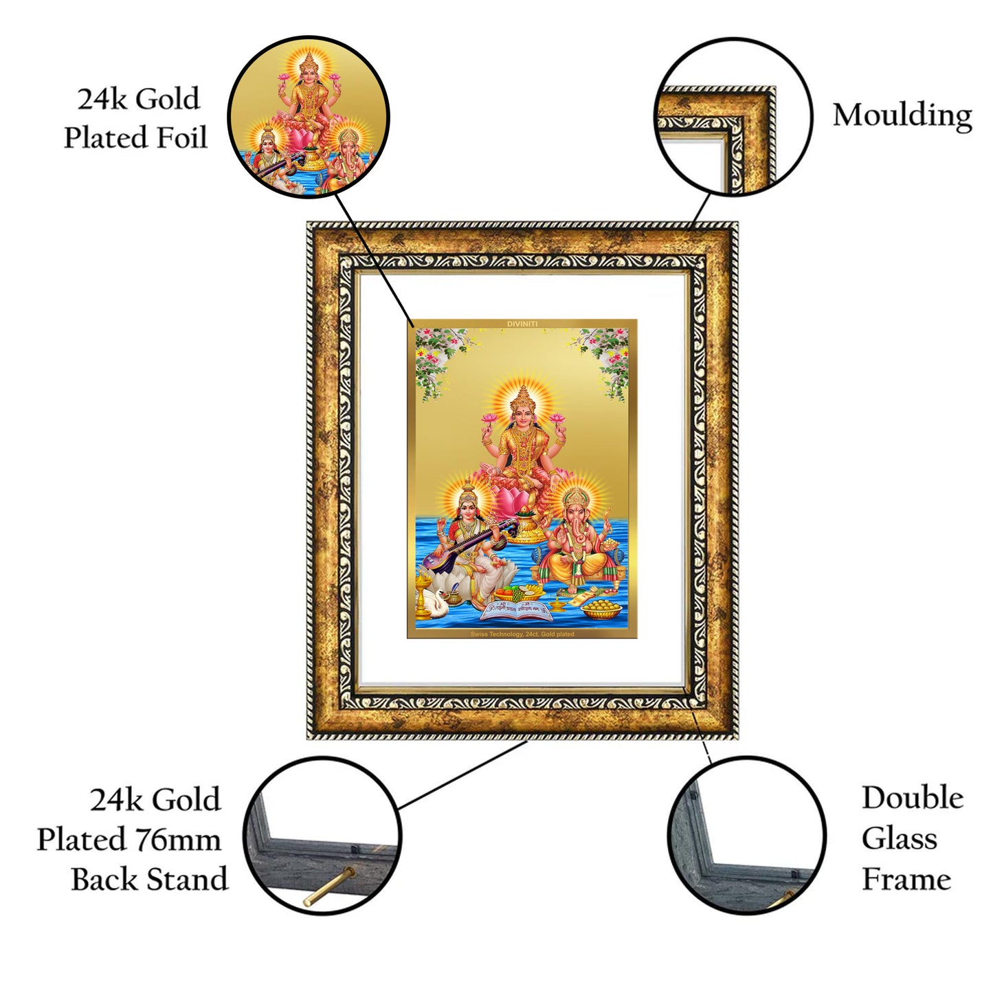 DIVINITI 24K Gold Plated Lakshmi Ganesha Saraswati Wall Photo Frame for Home Decor, Wall Hanging, Table Top, Puja Room & Gift DG113S3 (27.6X35.4 CM)