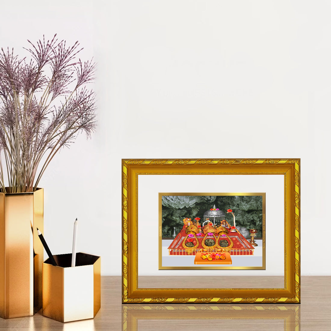 DIVINITI 24K Gold Plated Foil Mata Ka Darbar Photo Frame Idol for Puja Room, Home Wall Decor, Workshop, Table Top, Gift|DG103 Size 2 (22.6x18.4 CM)