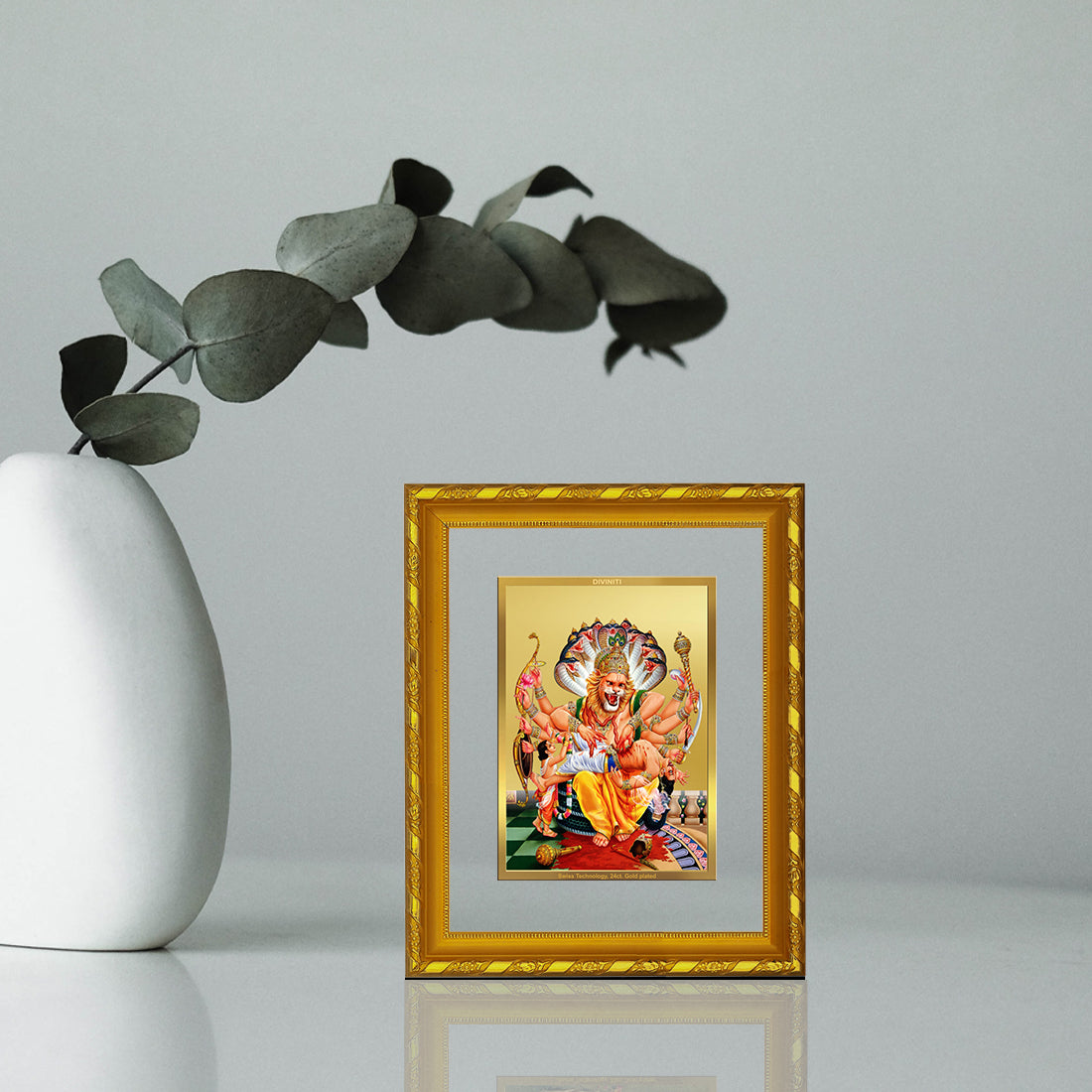 DIVINITI 24K Gold Plated Narsimha Wooden Religious Photo Frame Idol for Home Decor, Puja Room, Table Top, Wall Hanging, Workshop, Luxurious Gift | DG103 Size 2 (22.6x18.4 CM)