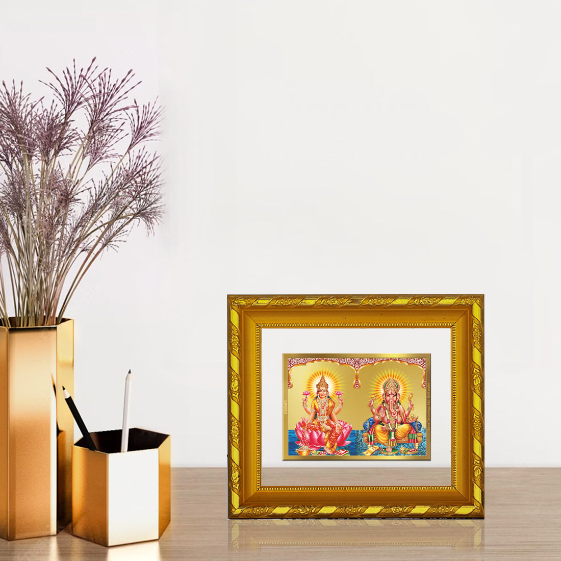 DIVINITI 24K Gold Plated Foil Lakshmi Ganesha Photo Frame for Home Decor, TableTop, Puja Room DG 103 Size 1 (15.3x14.9 CM)