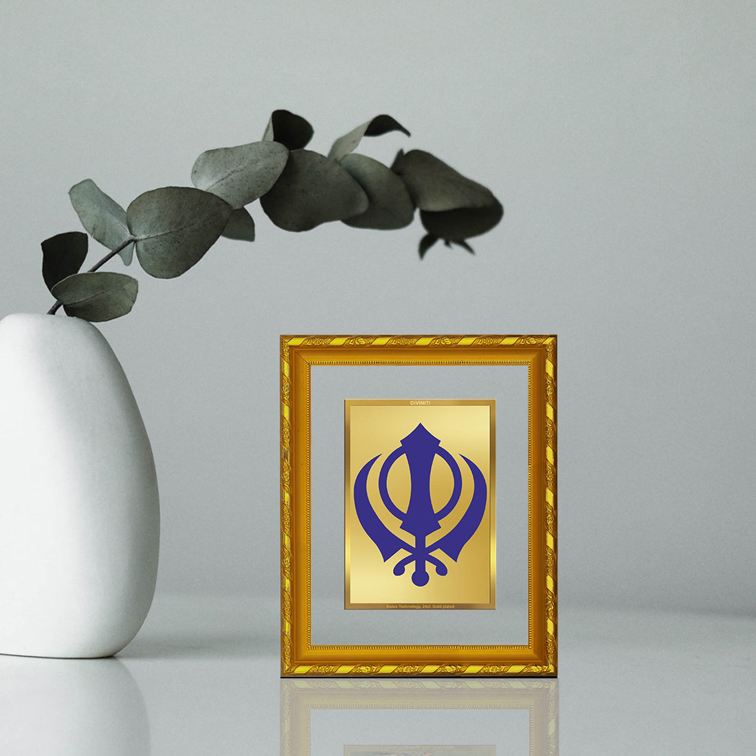 DIVINITI 24K Gold Plated Foil Khanda Sahib Wooden Photo Frame for Home Decor, Puja Room, Table Top, Wall Hanging, Workshop, Gift | DG103 Size 2 (22.6x18.4 CM)