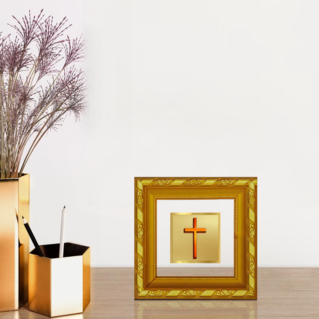 DIVINITI 24K Gold Plated Foil Holy Cross Wooden Photo Frame Idol for Wall Hanging, Home Decor, Table Top, Workshop, Premium Gifts | DG103S1A (10x10 CM)