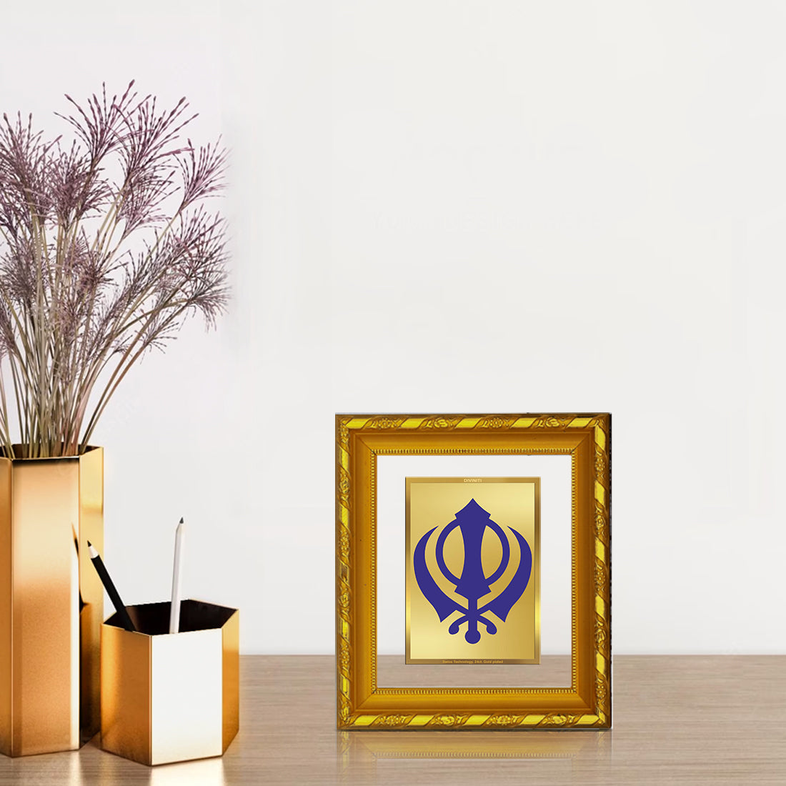 DIVINITI 24K Gold Plated Foil Khanda Sahib Photo Frame for Living Room Decor, Worship, Gift DG 103 Size 1 (15.3x14.9 CM)