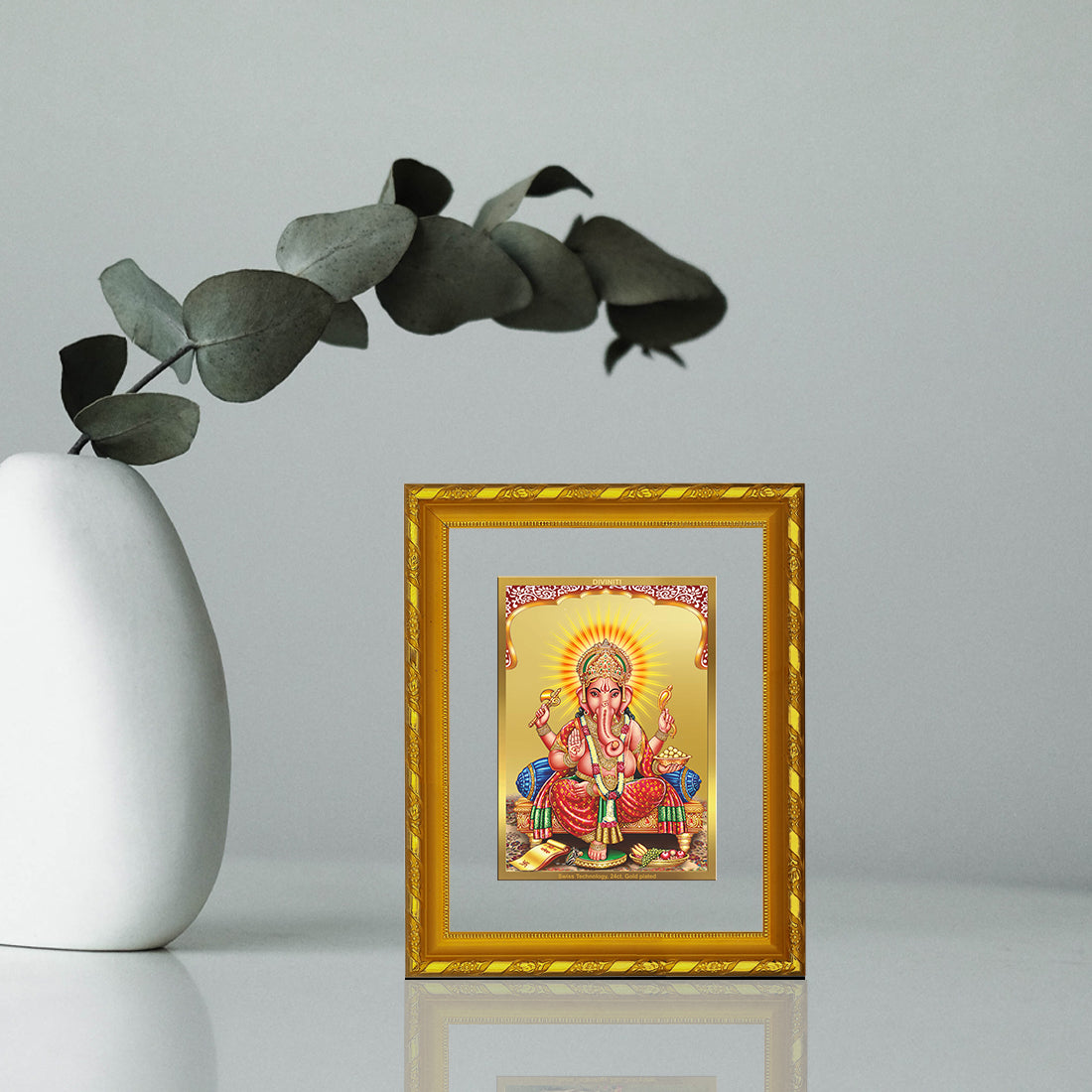 DIVINITI 24K Gold Plated Lord Ganesha Wooden Photo Frame Idol for Home Wall Decor, Workshop, Table Top, Premium Gift | DG103 Size 2 (22.6x18.4 CM)