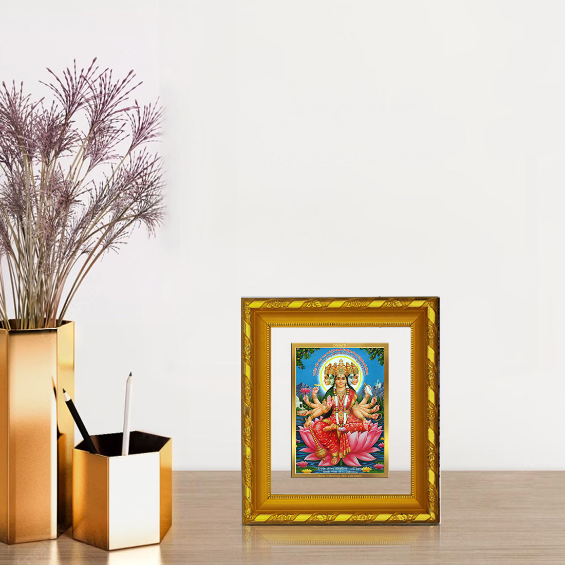 DIVINITI 24K Gold Plated Foil Goddess Gayatri Photo Frame for Home Decor, Festival Gift DG 103 Size 1 (15.3x14.9 CM)