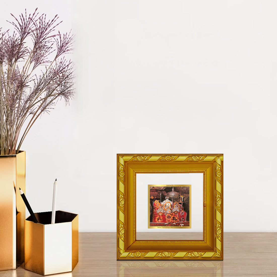 DIVINITI 24K Gold Plated Foil Mata Ka Darbar Wooden Classic Photo Frame Idol for Workshop, Puja Room, Table Top, Home Wall Decor, Gifts | DG103S1A (10x10 CM)