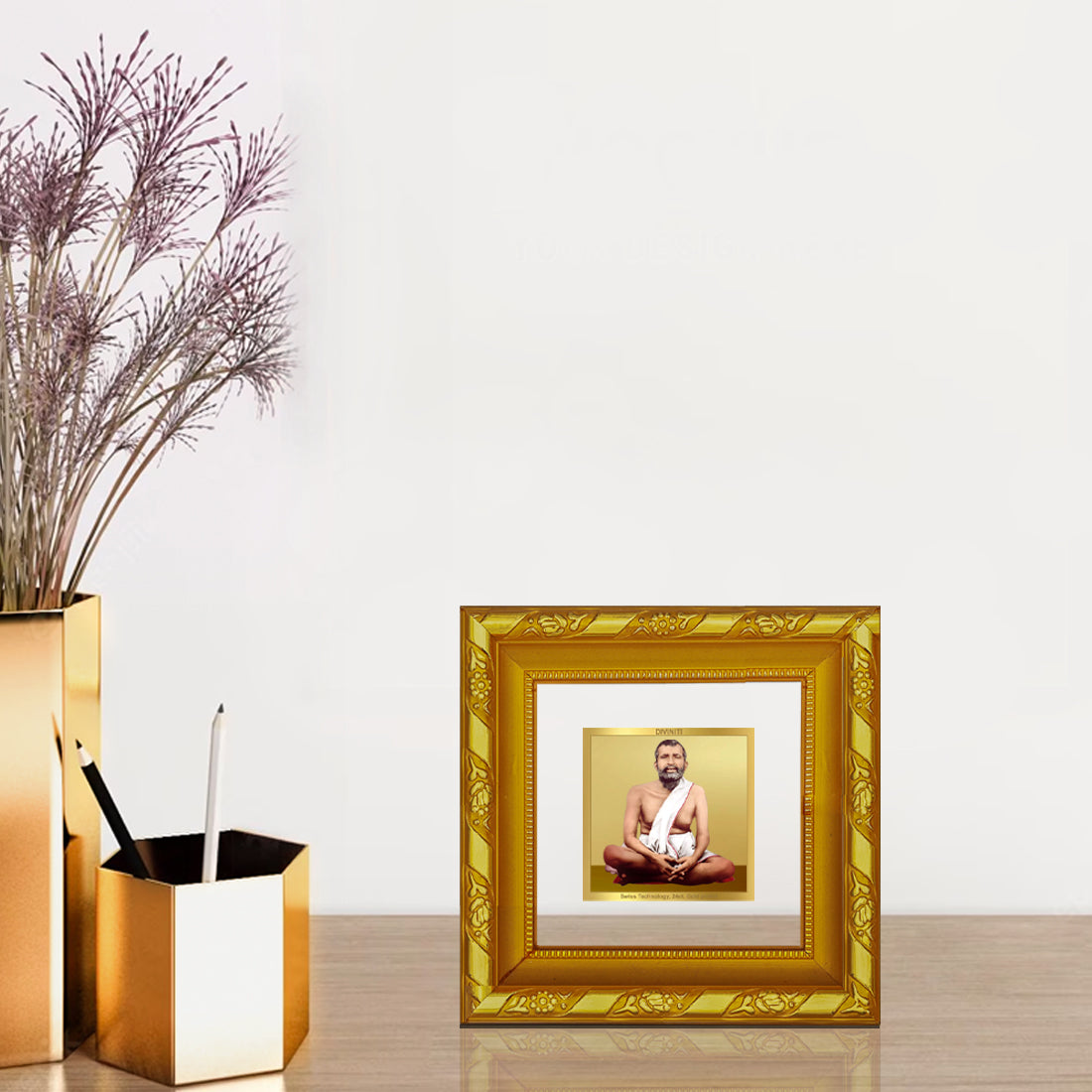 DIVINITI 24K Gold Plated Ramakrishna Wooden Wall Photo Frame Idol for Wall Hanging, Table Top, Home Decor, Workshop, Gifts | DG103S1A (10x10 CM)