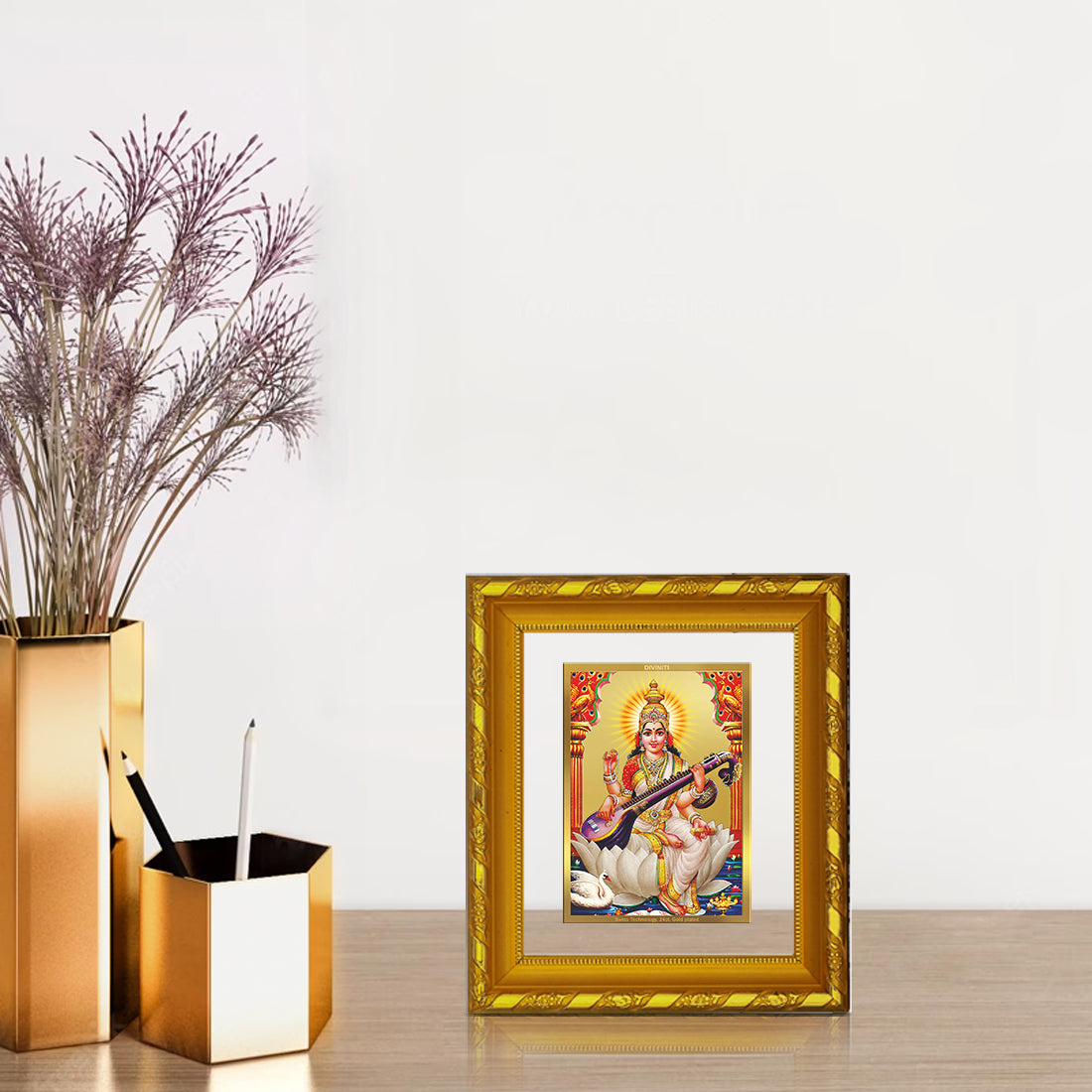 DIVINITI 24K Gold Plated Foil Saraswati Mata Wall Photo Frame for Home Decor, Office, Gift DG 103 Size 1 (15.3x14.9 CM)