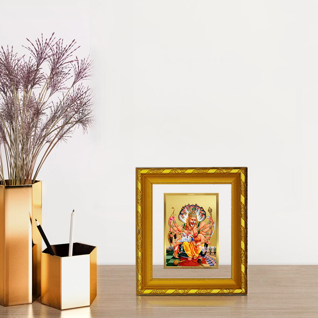 DIVINITI 24K Gold Plated Foil Narsimha Wall Photo Frame for Home Decor, TableTop, Puja DG 103 Size 1 (15.3x14.9 CM)