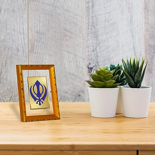 DIVINITI 24K Gold Plated Khanda Sahib Wooden Photo Frame for Puja Room, Home Wall Decor, Workshop, Table Top, Premium Gift | DG103 Size 2 (22.6x18.4 CM)