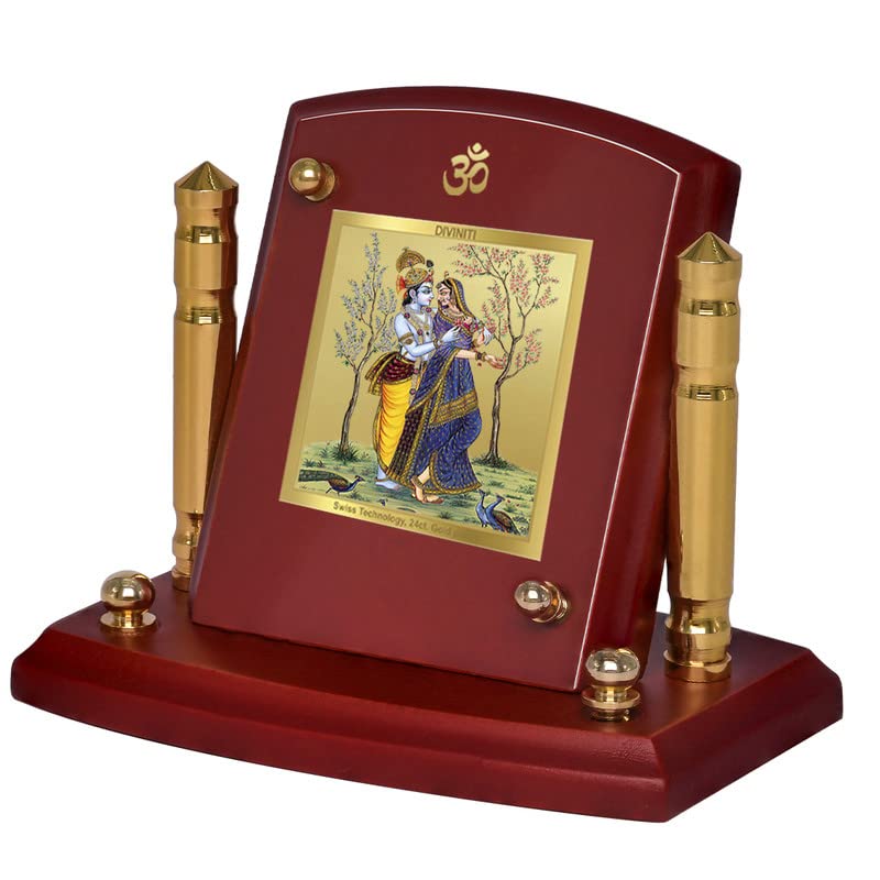 Diviniti 24K Gold Plated Radha Krishna Photo Frame for Car Dashboard, Home Decor, Tabletop, Puja Room, Showpiece and Gift  MDF1BP+ (6.5x5.5 CM)