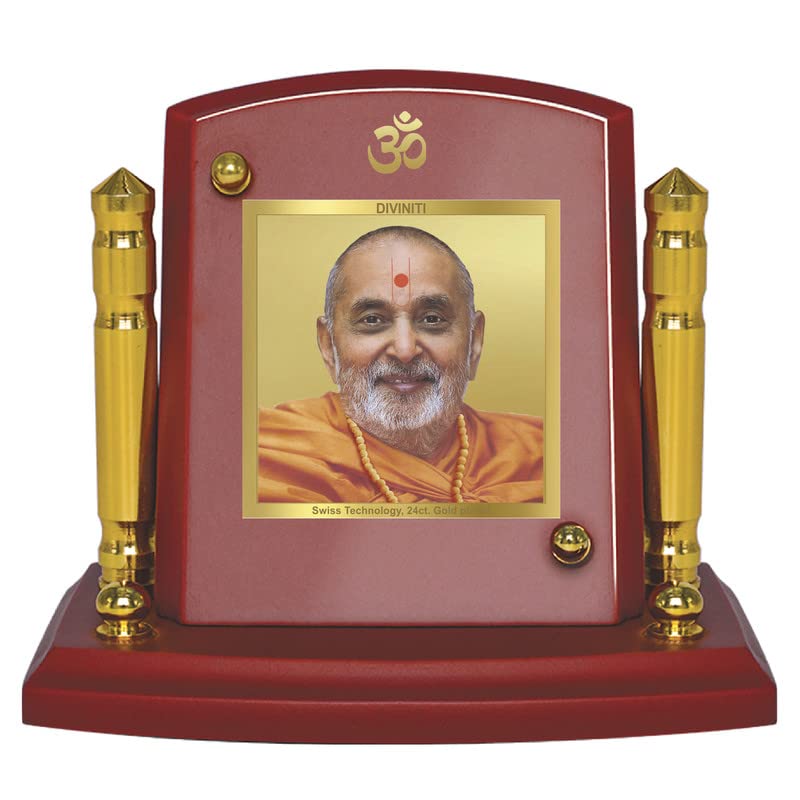 Diviniti 24K Gold Plated Pramukh Swami Photo Frame for Car Dashboard, Home Decor, Tabletop, Puja Room, Showpiece and Gift  MDF1BP+ (6.5x5.5 CM)