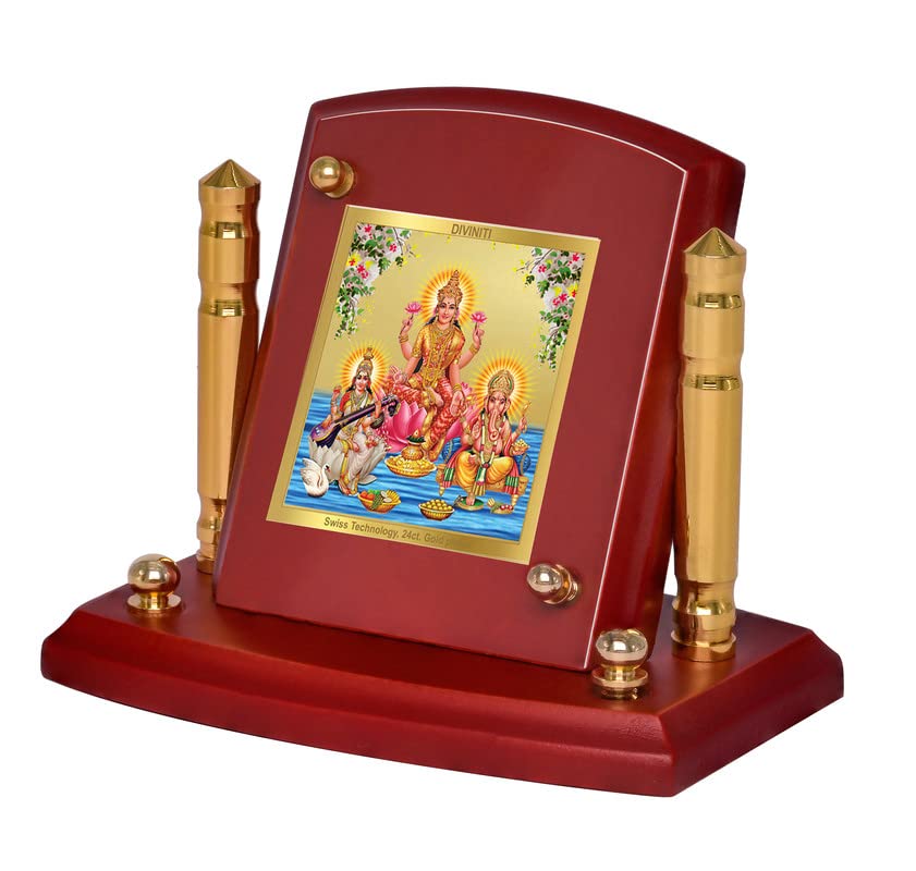 Diviniti 24K Gold Plated Lakshmi Ganesha Saraswati Photo Frame for Car Dashboard, Home Decor, Tabletop, Puja Room, Showpiece and Gift  MDF1BP+ (6.5x5.5 CM)