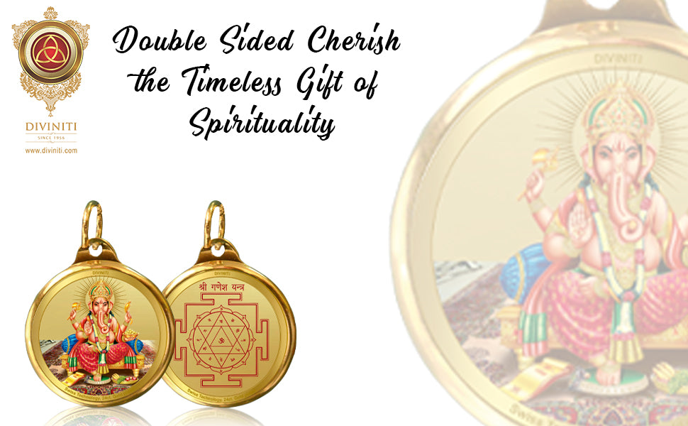 Diviniti 24K Double sided Gold Plated Pendant Ganesha  & Yantra|28 MM Flip Coin