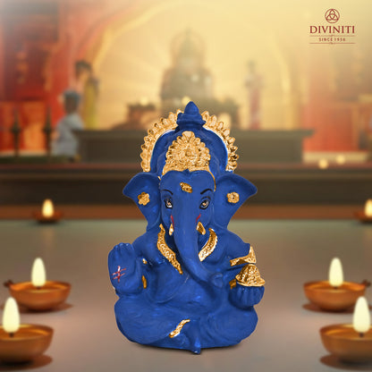 Diviniti 24K Gold Plated Resin Lord Ganesha Idol for Car Dashboard Tabletop for Home Decor Mandir Puja Gift Navy Blue (8.4x4.2cm)