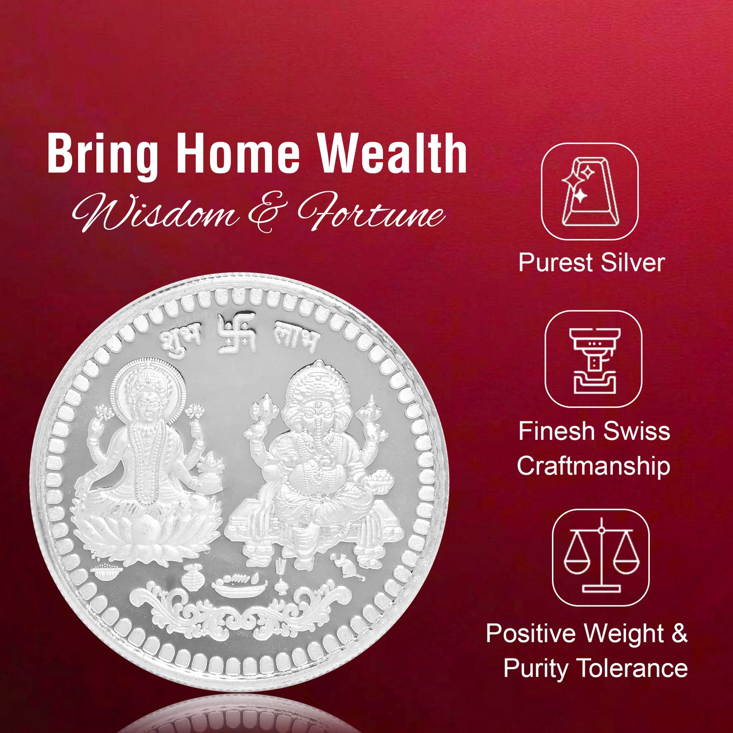 DIVINITI Pure Silver Coin Laxmi Ganesh & Swastik Symbol of Prosperity and Blessings for Home & Office Décor, Puja Room Diwali Gift (20g)