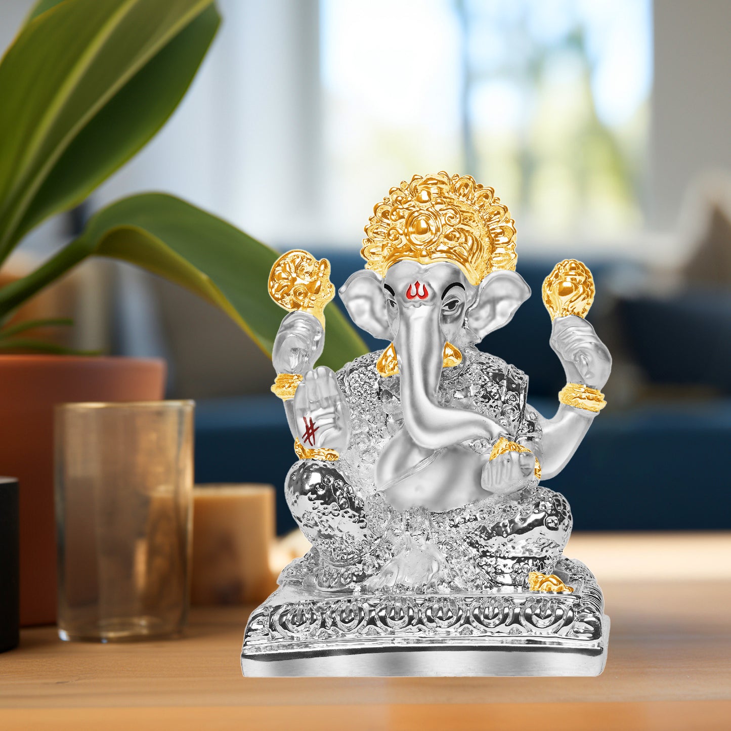 Diviniti 999 Silver Plated Ganpati Idol Statue Divine Symbol of Wisdom and Prosperity for Home Office Décor, Puja Room, Tabletop Gift (10x7.5 CM)