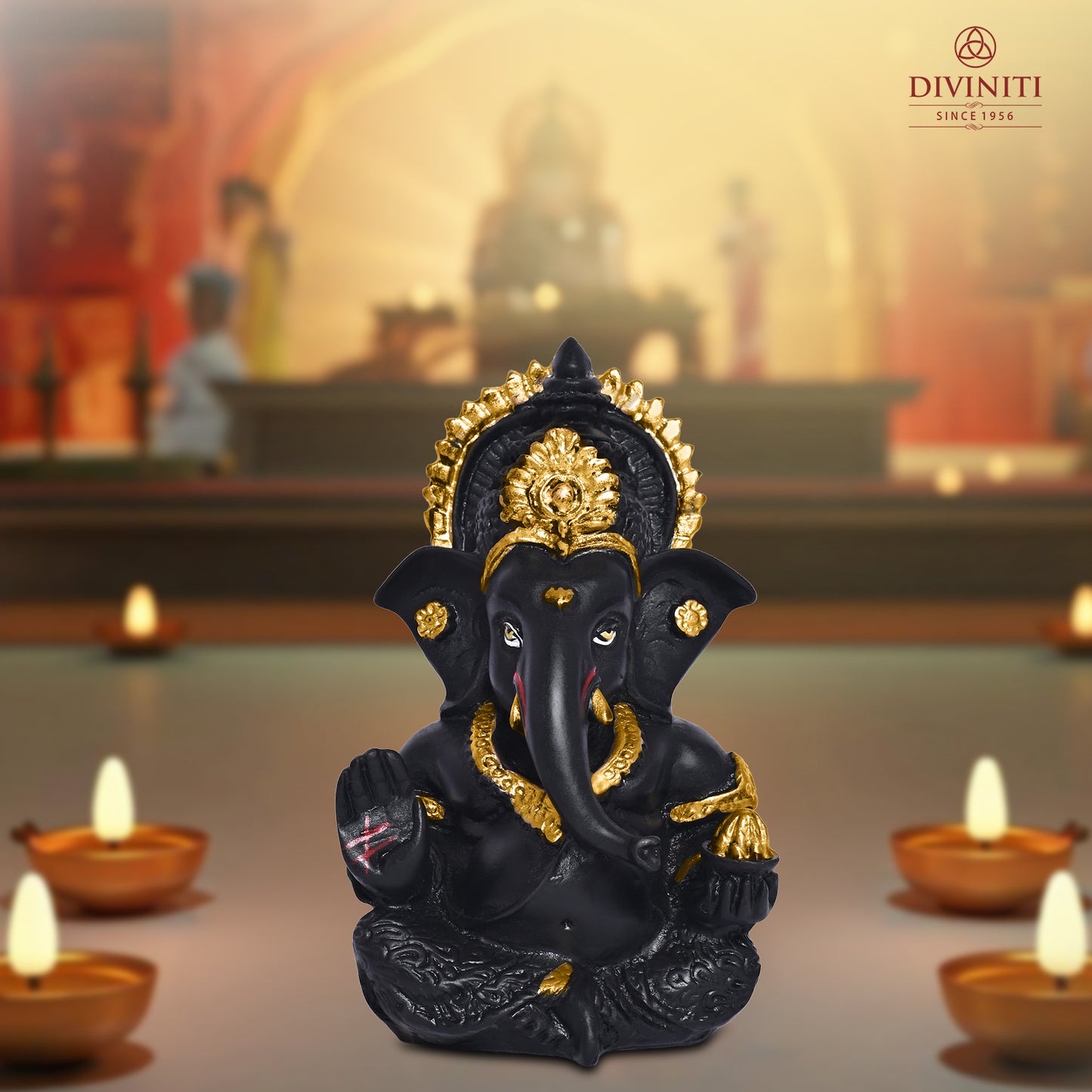 Diviniti 24K Gold Plated Resin Lord Ganesha Idol for Car Dashboard Tabletop For Home Decor Mandir Puja Gift Matte BlacK (8.4x4.2cm)