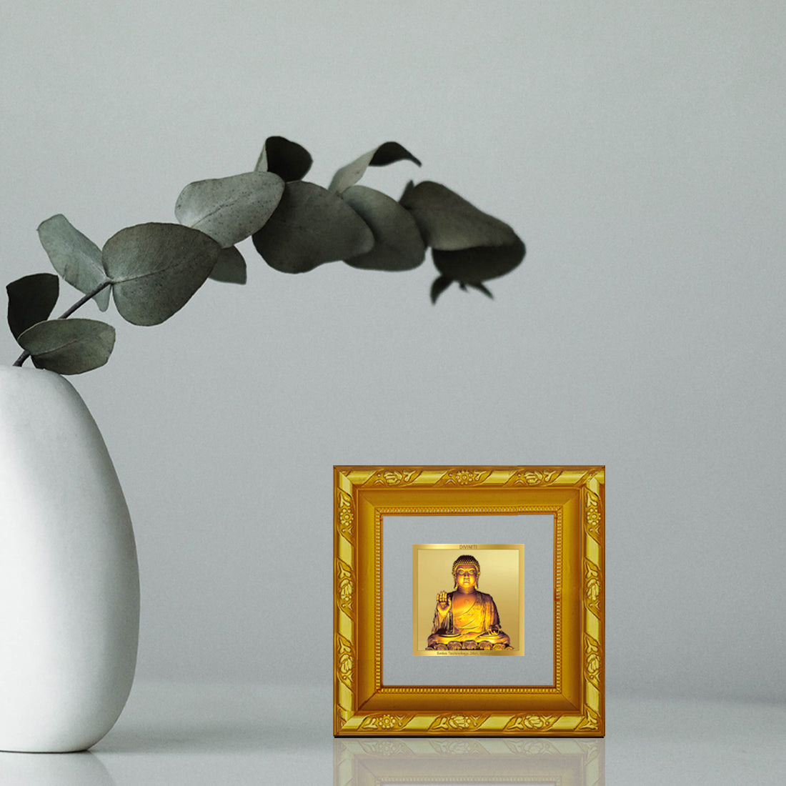 DIVINITI 24K Gold Plated Foil Lord Buddha Wooden Wall Photo Frame Idol for Meritnation, Puja Room, Home Decor, Table Top, Gifts | DG103S1A (10x10 CM)