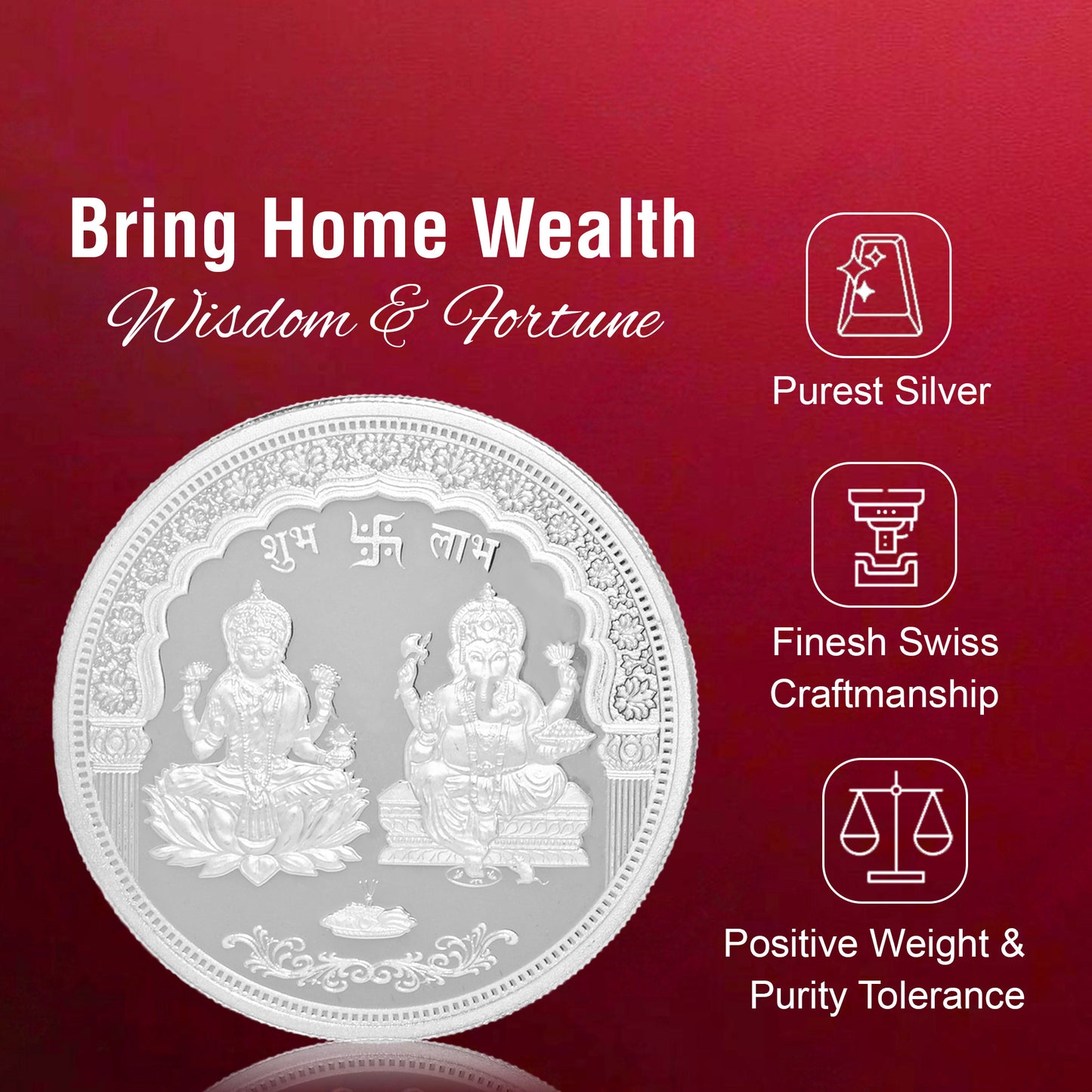 DIVINITI Pure Silver Coin Laxmi Ganesh & Swastik Symbol of Prosperity and Blessings for Home & Office Décor, Puja Room Diwali Gift (100g)