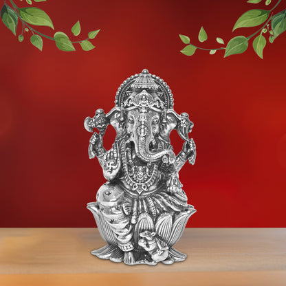 Diviniti 925 Pure Silver Ganesha Idol Statue Exquisite Craftsmanship for Blessings and Abundance for Home Office Décor, Tabletop, Puja Room Gift (6x6.2 CM, 62g)