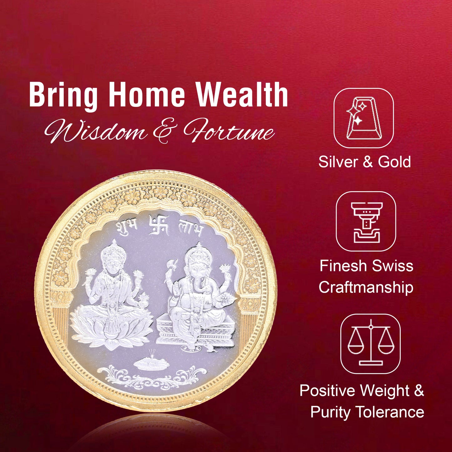 DIVINITI Pure Silver Coin with 24K Gold Plated Laxmi Ganesh and Swastik A Symbol of Wealth and Blessings for Home & Office Décor, Puja Room Diwali Gift (10g)