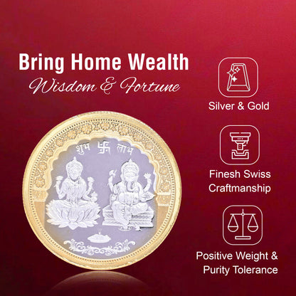 DIVINITI Pure Silver Coin with 24K Gold Plated Laxmi Ganesh and Swastik A Symbol of Wealth and Blessings for Home & Office Décor, Puja Room Diwali Gift (10g)