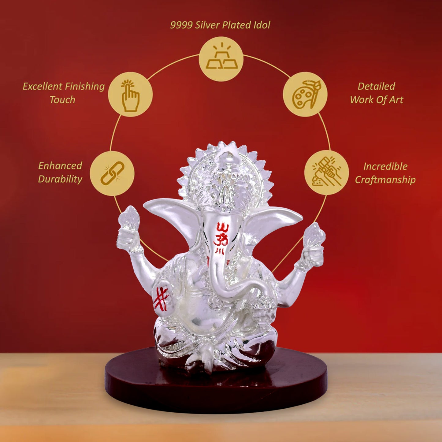 DIVINITI 999 Silver Plated Four-Hand Ganesh Idol Statue Divine Symbol of Prosperity and Protection for Home Office Décor, Tabletop, Puja Room Gift (6x6 CM)