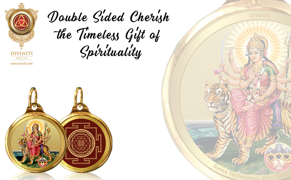 DIVINITI 24K Gold Plated Durga & Yantra 18 MM Double Sided Pendant For Men, Women & Kids