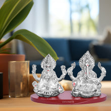 Load image into Gallery viewer, DIVINITI 999 Silver Plated Laxmi Ganesh Ji Idol Statue Radiant Symbol of Wealth and Wisdom for Home Office Décor, Puja Room, Tabletop Gift (6x5 CM)
