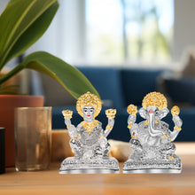 Load image into Gallery viewer, DIVINITI 999 Silver Plated Laxmi Ganesh Idol Statue Exquisite Symbol of Fortune and Blessings for Home Office Décor, Tabletop, Puja Room Gift (10x7.5 CM)
