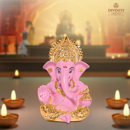 Diviniti 24K Gold Plated Resin Lord Ganesha Idol for Car Dashboard Tabletop for Home Decor Mandir Puja Gift Baby Pink (8.4x4.2cm)