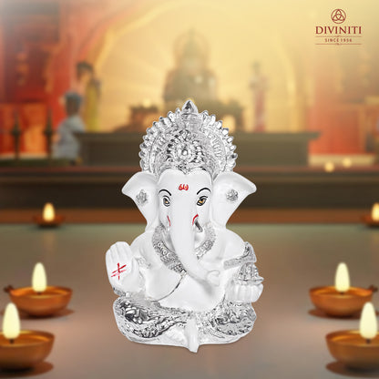 Diviniti 999 Silver Plated Resin Lord Ganesha Idol for Car Dashboard Tabletop for Home Decor Mandir Puja Gift White (8.4x4.2cm)