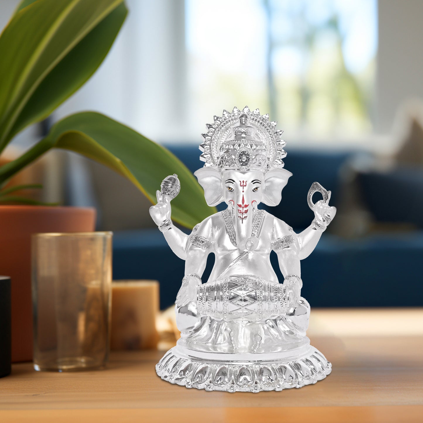 DIVINITI 999 Silver Plated Ganesh Idol Statue Radiate Prosperity and Blessings for Home Office Décor Puja Room Gift (15x12 CM)